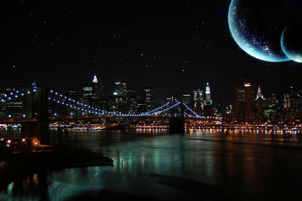 Brillante Luna nocturna sobre el río y el puente