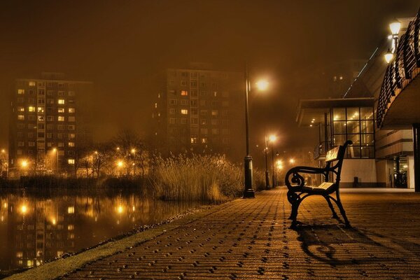 Schöne Nachtlandschaft. Bank am Stadtteich