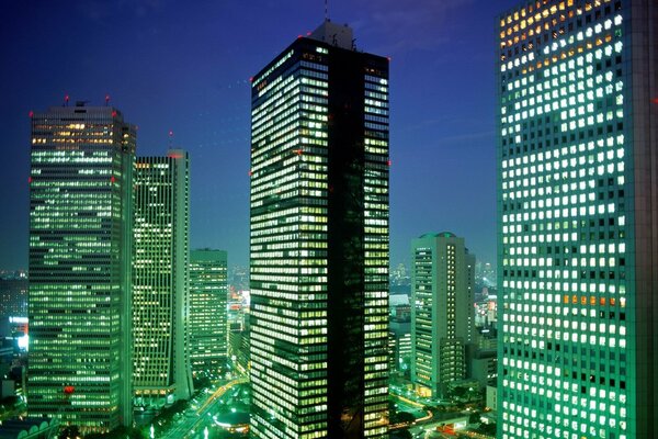 Japanese skyscrapers illuminated by hundreds of lights