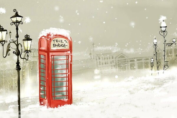 Red telephone booth in the white snow