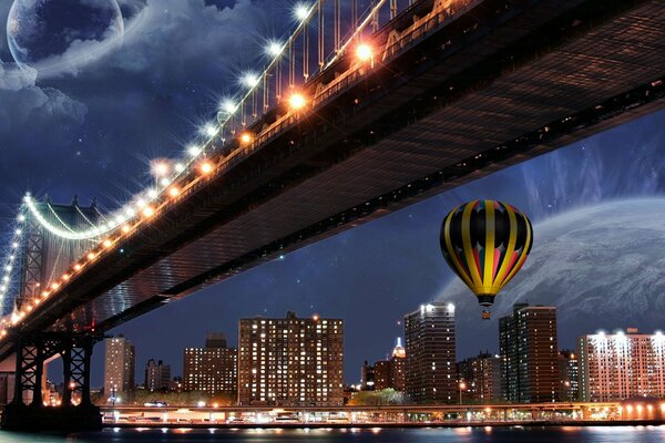 Der Ballon fliegt an der Brücke