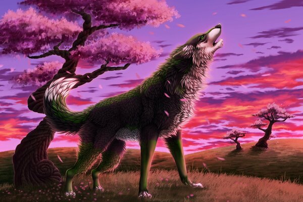 Ein Wolf, der im Frühjahr unter einer Sakura heult, sucht nach einem Weibchen