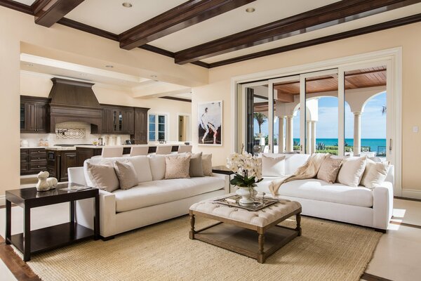 Kitchen and lounge with ocean view