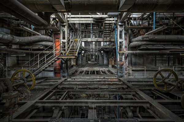 Usine grise avec beaucoup de tuyaux et d escaliers