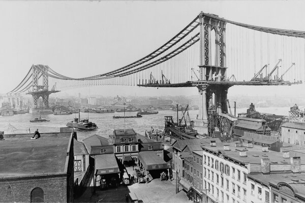 Immagine in bianco e nero del Cantiere Del Ponte di Brooklyn