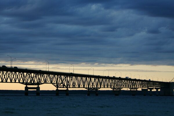 A long bridge across a wide strait