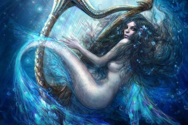 Sirène avec queue transparente et harpe