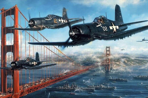 Два самолета летят в небе над мостом