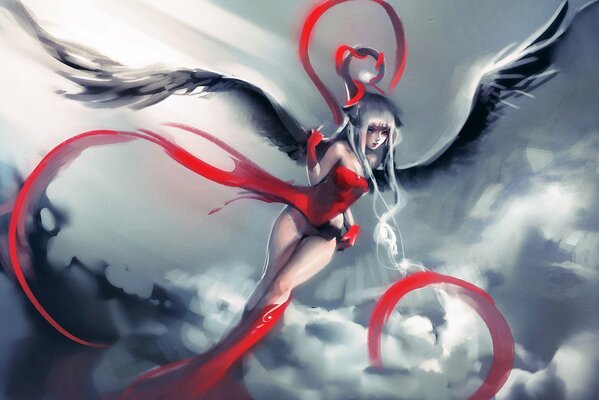 Девушка с ангельскими крыльями в красном платье