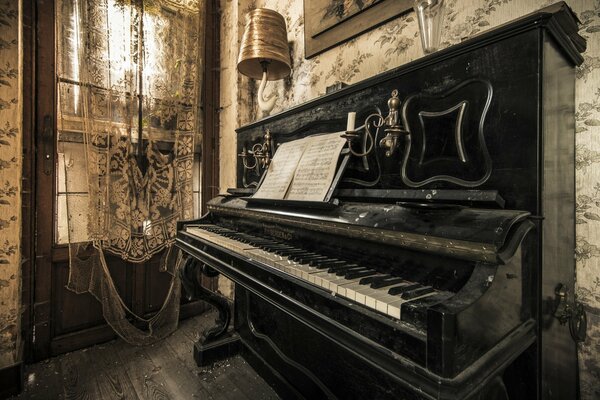 Old piano, sheet music, music