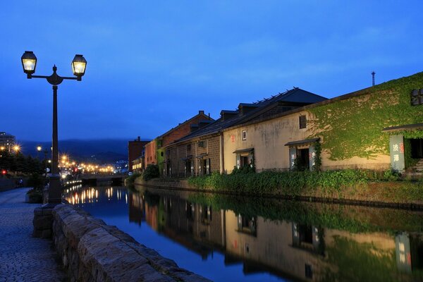 Houses along the canal. Night lights