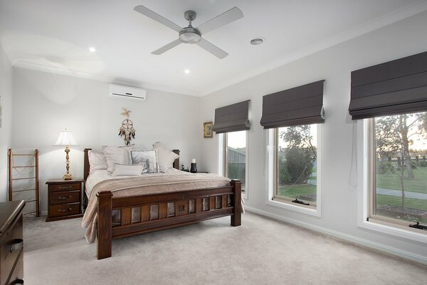 Bedroom in bright colors with a large bed