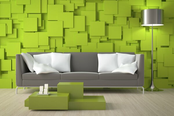 Sofa auf dem Hintergrund der grünen Wand