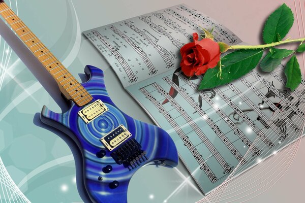 Niebieska gitara. nuty i róże w tle