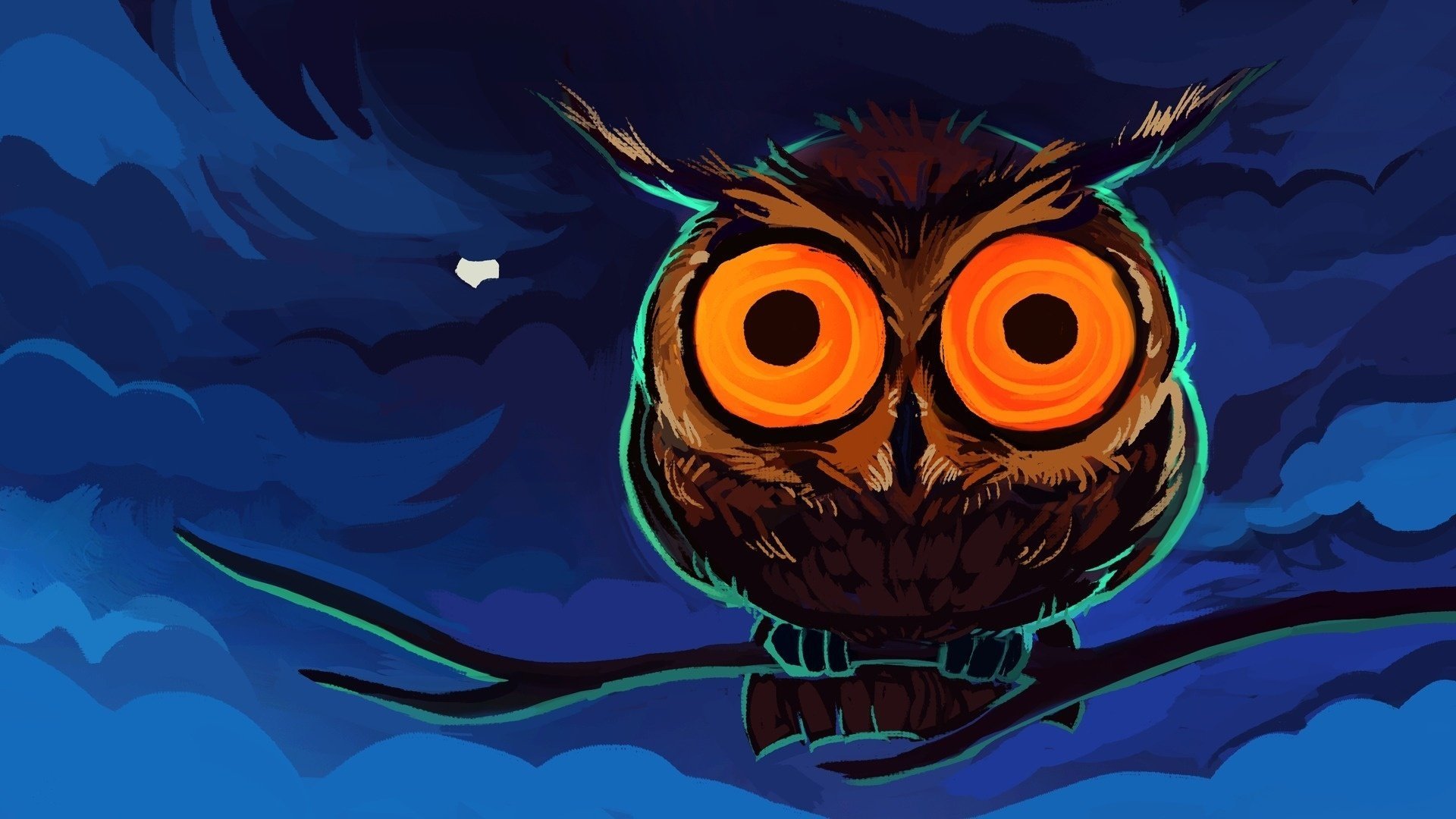 hibou dessin yeux branche nuages lune orange