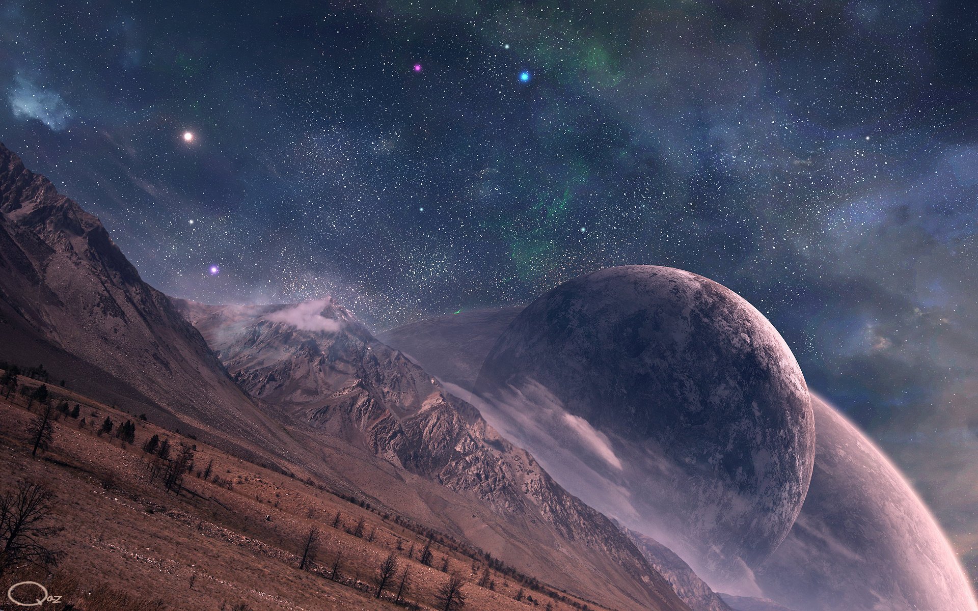 art planet stars mountains qauz surface view