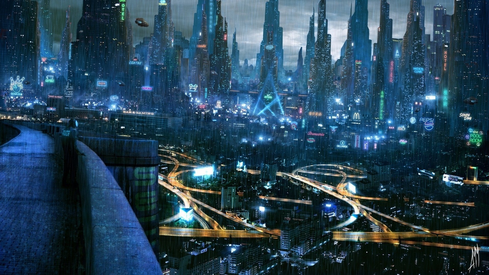 miasto przyszłość cyberpunk światła