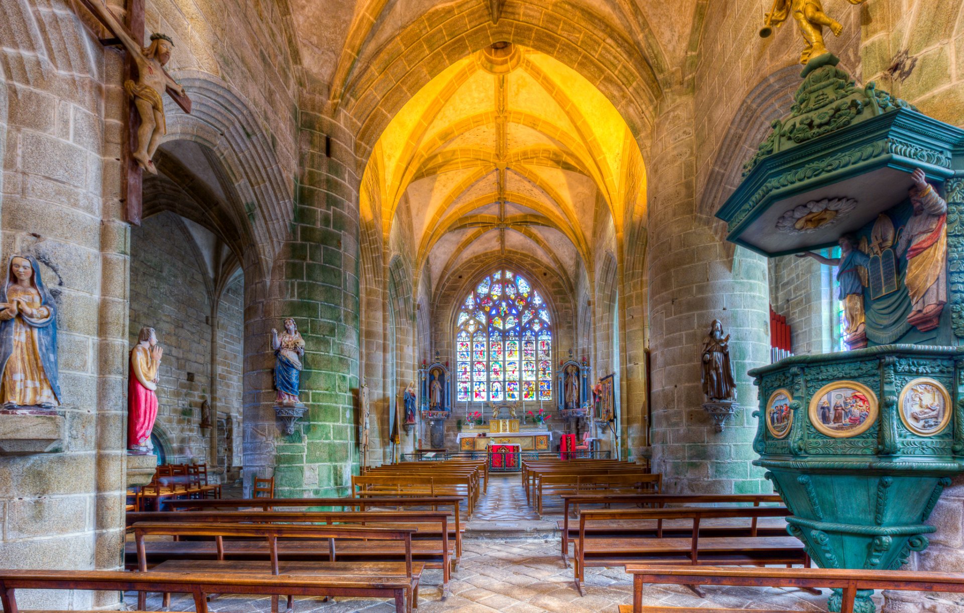 monastery of st. ronan locronan bretagne france religion church bench nave vault pulpit