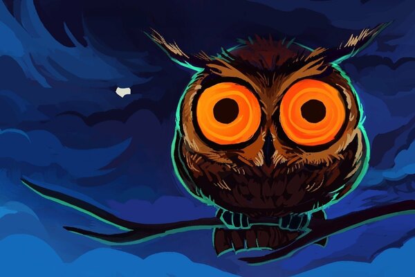 Night drawing of an owl with wild eyes