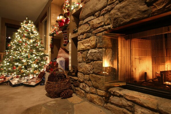 Christmas, big fireplace, Christmas tree in toys