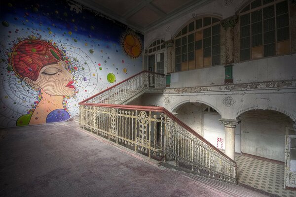 Unusual background of the corridor with stairs