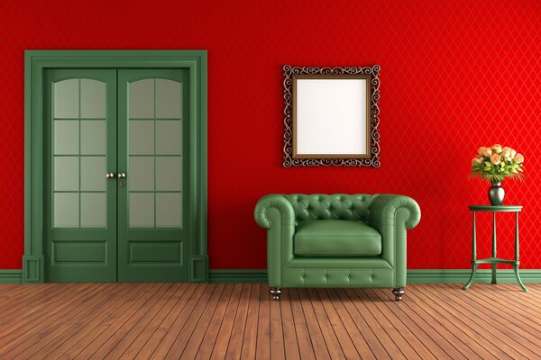 Интерьер гостиной в красно-зеленом фоне
