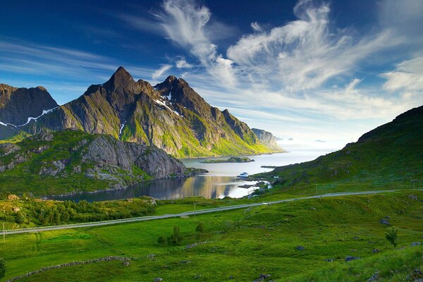 Mountain landscape with green hills, river and clear sky