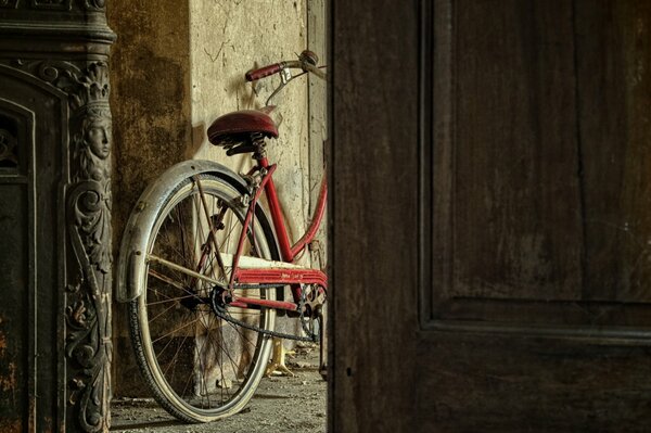 Photo of a bicycle behind carved doors