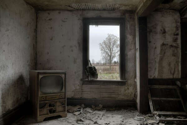 Altes Zimmer mit TV und Fenster mit Blick auf die Natur