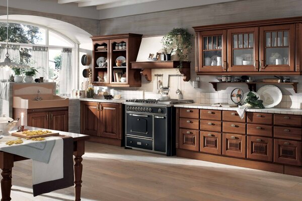 Large kitchen with wooden furniture