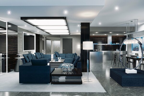 Дизайн жилой комнаты в сине белом стиле
