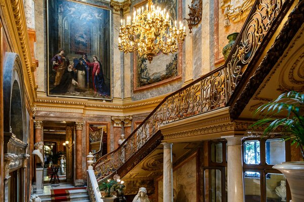 Staircase in the museum with a beautiful chandelier