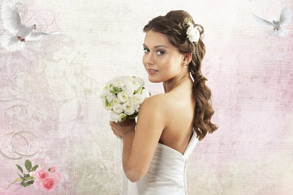 Ragazza sposa con bouquet di rose da sposa