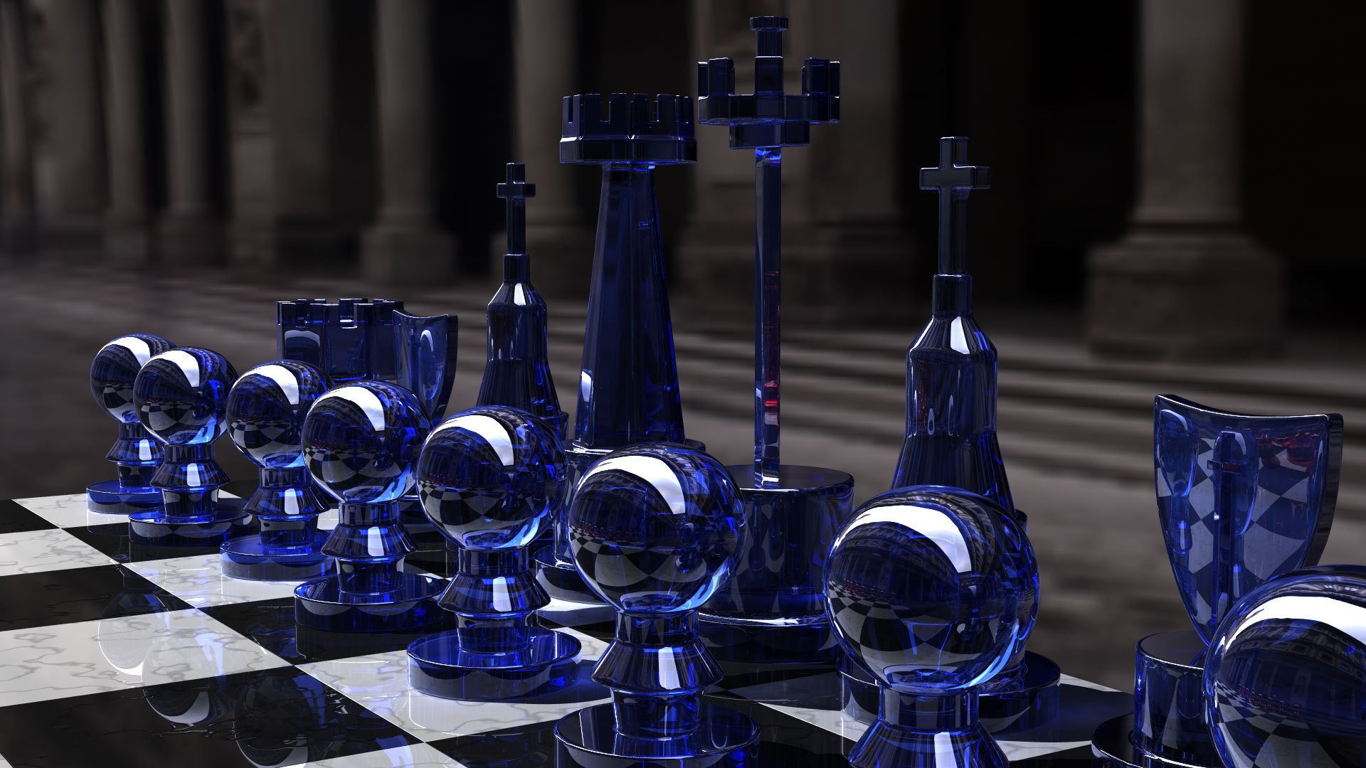 blue side kjasi chess set игра glass стратегия шахматы rendering