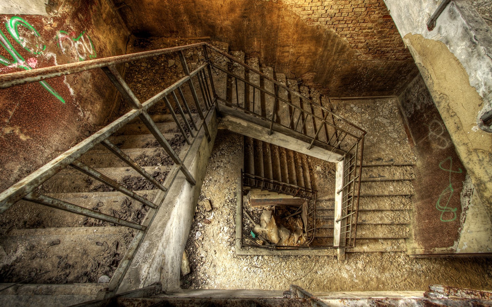 taircase ruins dirt painted walls bricks rubble