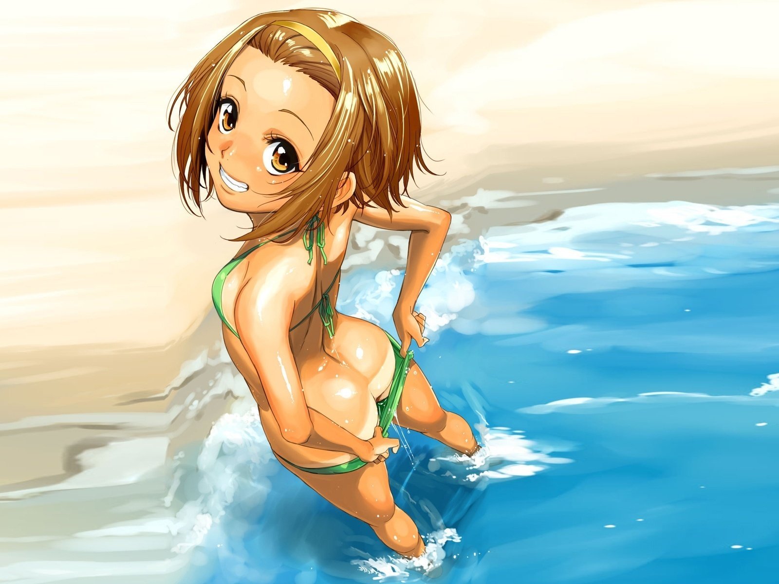 k-on ritsu kei-on ritsu light music eyes look anime girl smile bikini beach sea tan