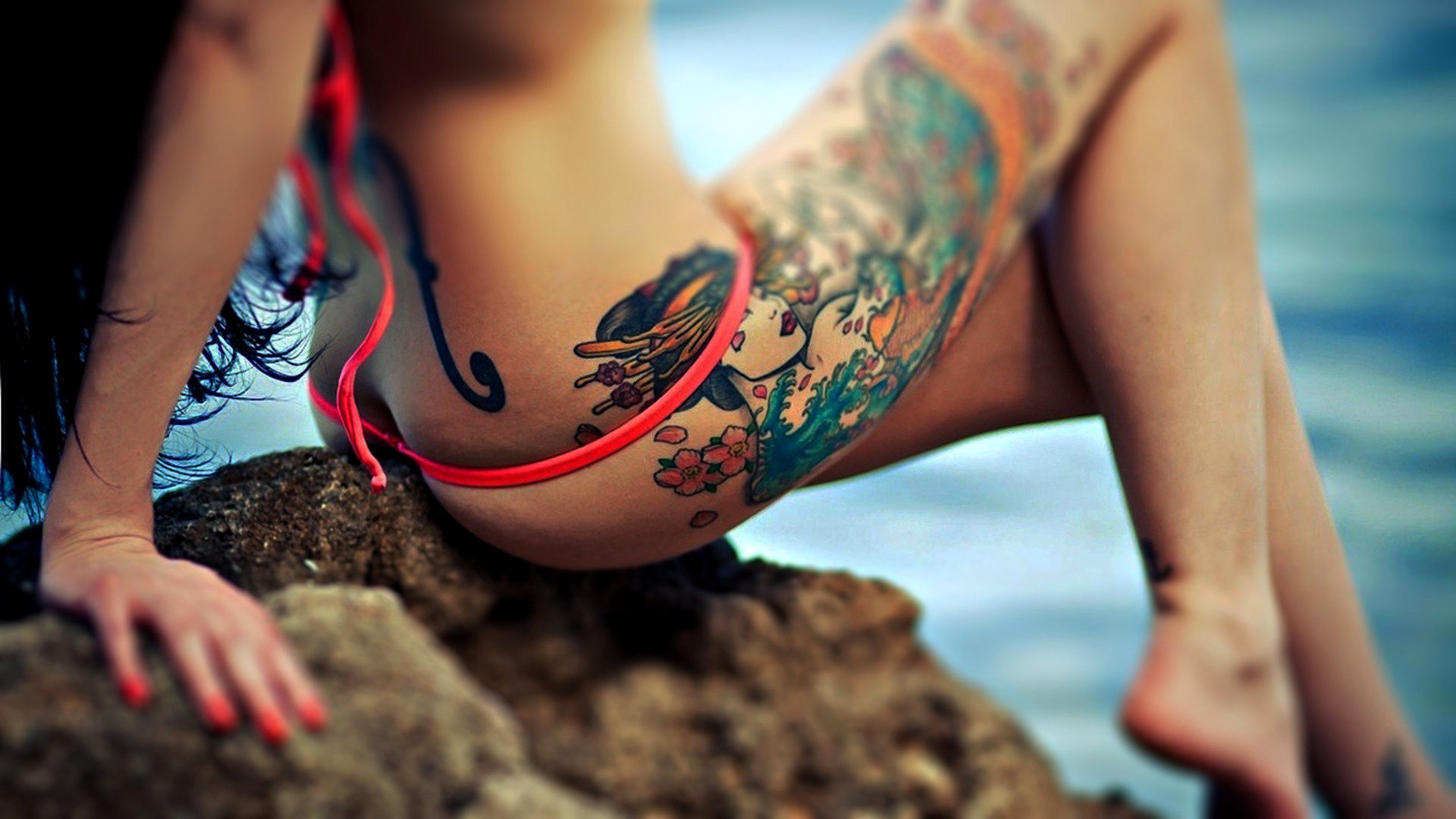 girl tattoo feet legs swimsuit leather body beauty