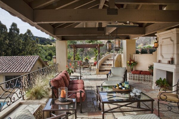 Interior of the terrace at the villa by the forest