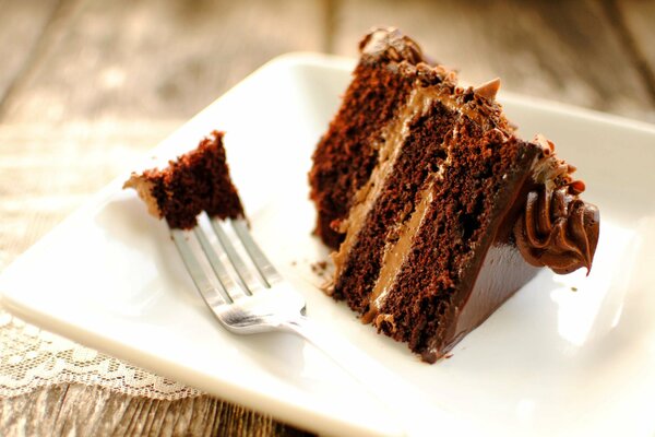 Chocolate cake on a plate with a fork