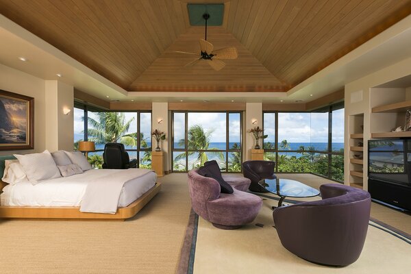 Hotel room and ocean outside the window