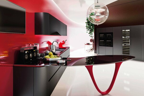 Стильный дизайн кухни в чёрно-красных тонах