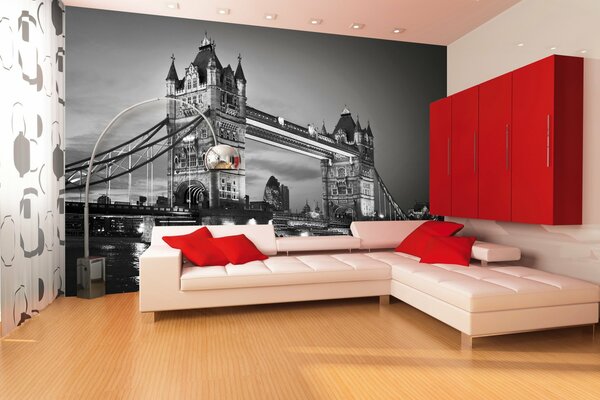 Stylish room. Design in the living room. Interior in white and red colors