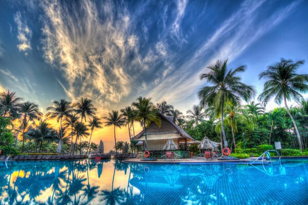 Tropical resort with palm trees and swimming pool