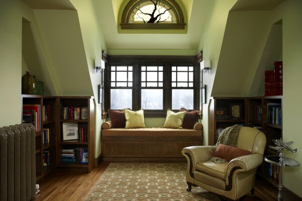 Interior of a reading room with a library