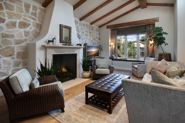 Cozy living room with a fireplace in bright colors