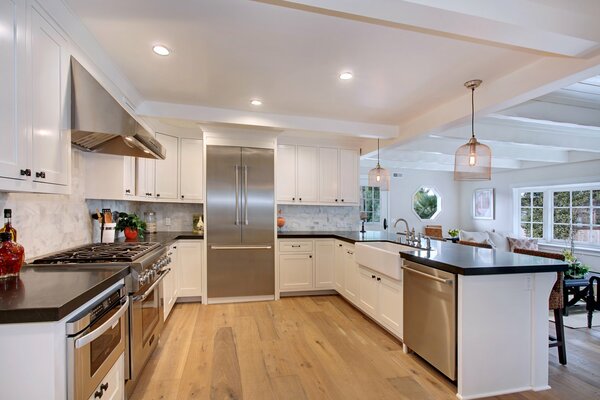 Photo of a large spacious kitchen in white tones