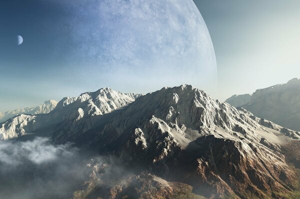 Montagnes, lune et nuages dans le paysage