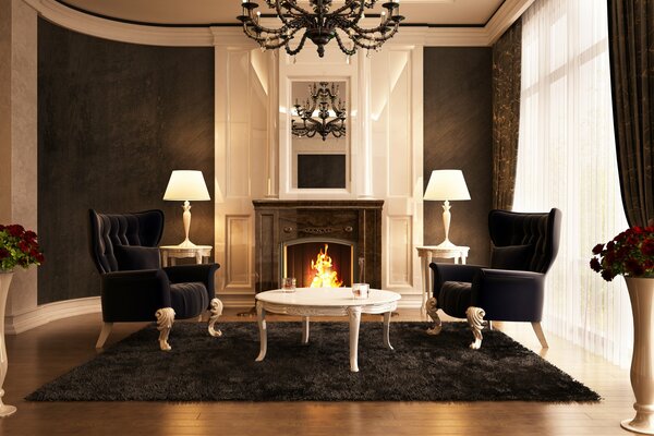 Cream-black interior with upholstered armchairs on the carpet near the burning fireplace with two tarshers on the sides