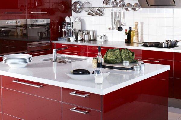 High-tech kitchen. White and red