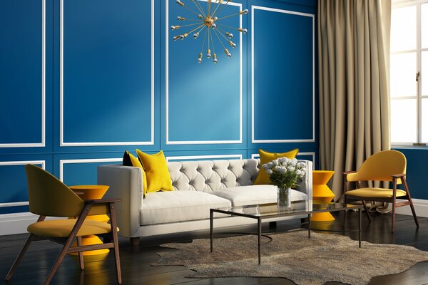 Interior for the living room. Combination of yellow and blue